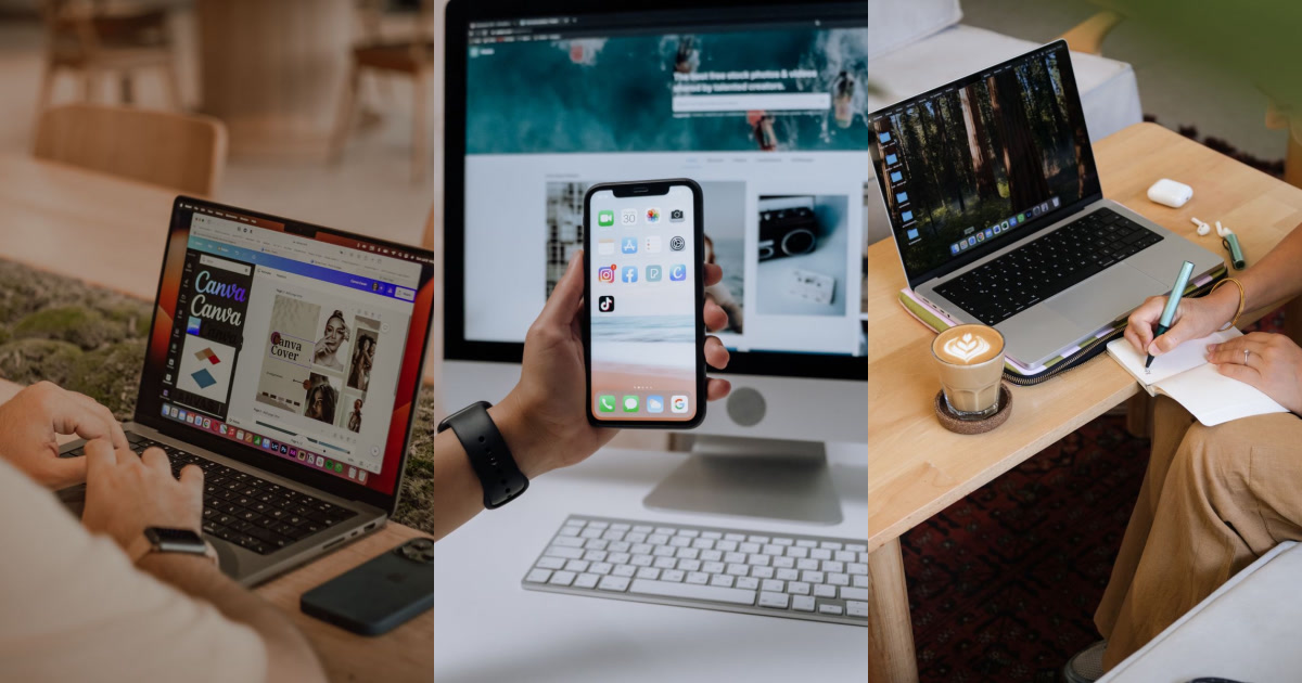 The images show a person working on a laptop displaying Canva, a hand holding a smartphone with a TikTok app icon, and a person writing in a notebook beside a laptop and a coffee.
