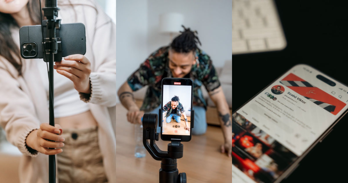 The three images show a person using a smartphone mounted on a tripod, another person visible through a recording screen on a smartphone, and a close-up of a smartphone displaying a social media profile.