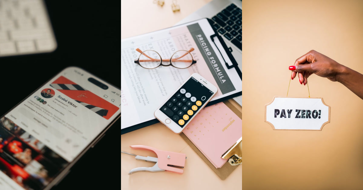 A social media profile on a phone, a calculator on a desk with pricing documents, and a hand holding a sign that says "PAY ZERO!".