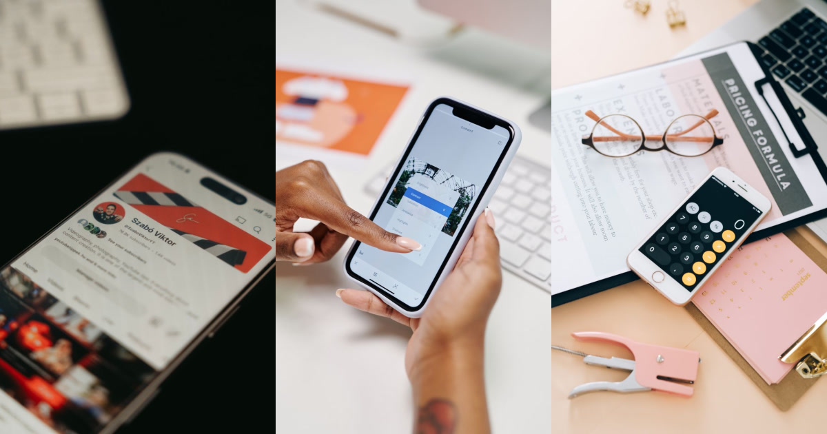 Three photos show a smartphone displaying a YouTube profile, hands editing a photo on a smartphone, and a smartphone calculator app alongside documents and office supplies.