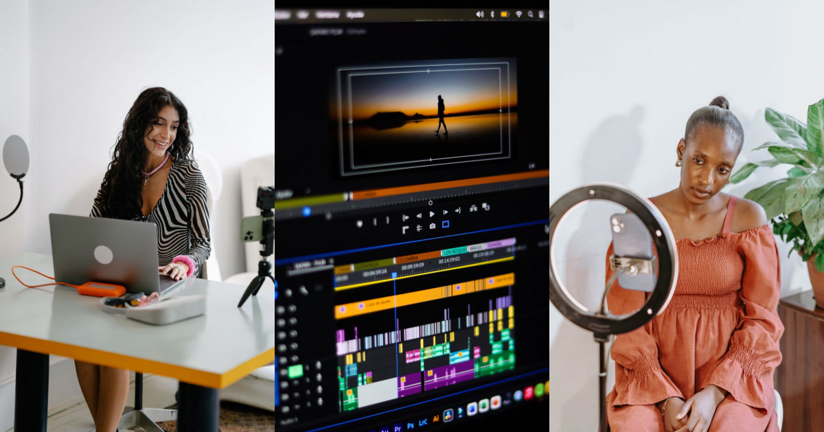 Three images showing a smiling woman editing video on a laptop, a close-up of video editing software, and a serious woman recording with a phone and ring light.