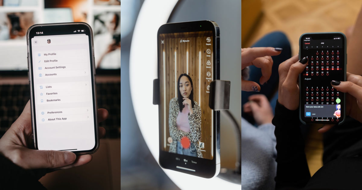 Three distinct photos of hands holding smartphones displaying different app screens, including a menu, a video recording interface with a woman, and a calendar, are shown side by side.