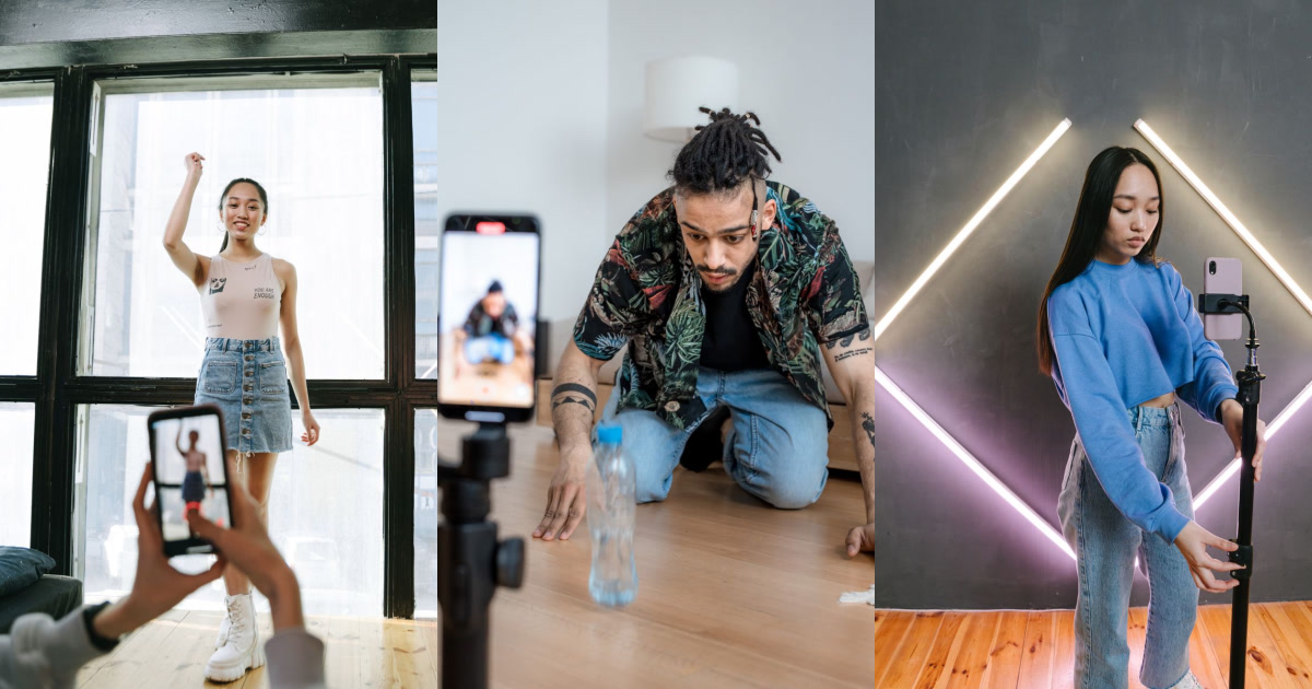 Three images show different people recording themselves or being recorded on smartphones.