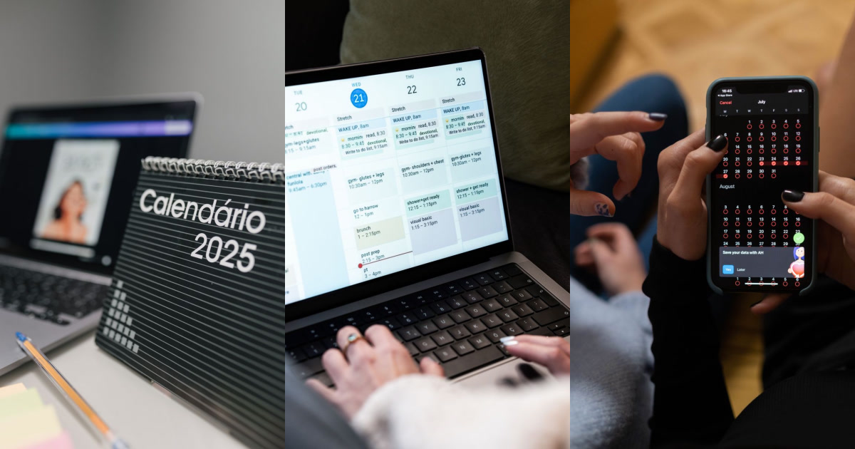 Three photos show a desk calendar for 2025 next to a laptop displaying a person, then a laptop showing a detailed digital schedule, and finally a phone displaying a calendar app with dates selected.