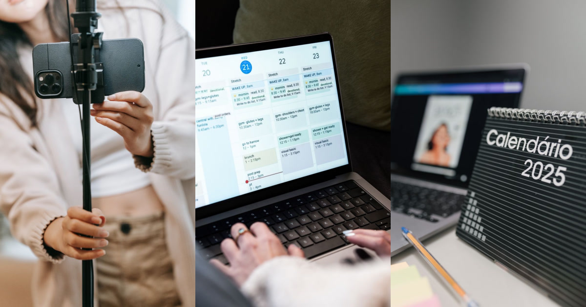 A person holding a phone on a stand, a person typing on a laptop displaying a calendar, and a desk calendar for 2025 in Portuguese next to a laptop.