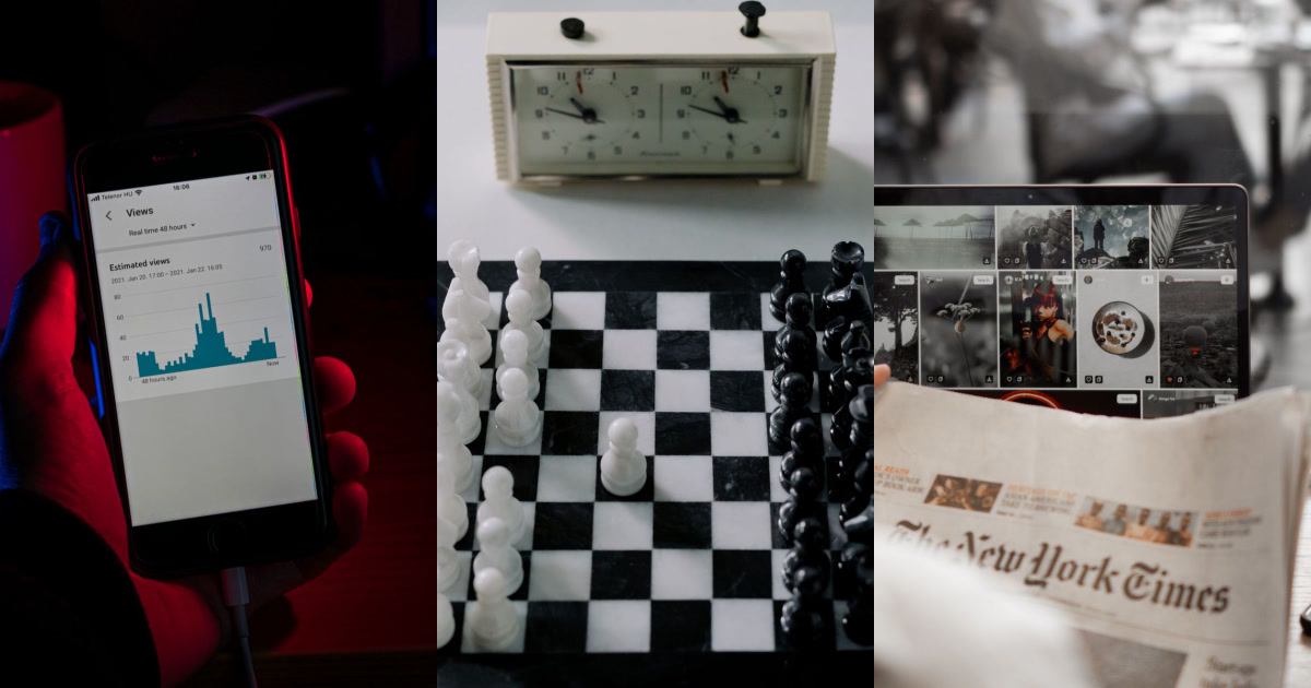 A hand holding a phone displaying a bar chart, a chessboard with pieces and a timer, and a laptop displaying images with a newspaper in the foreground.