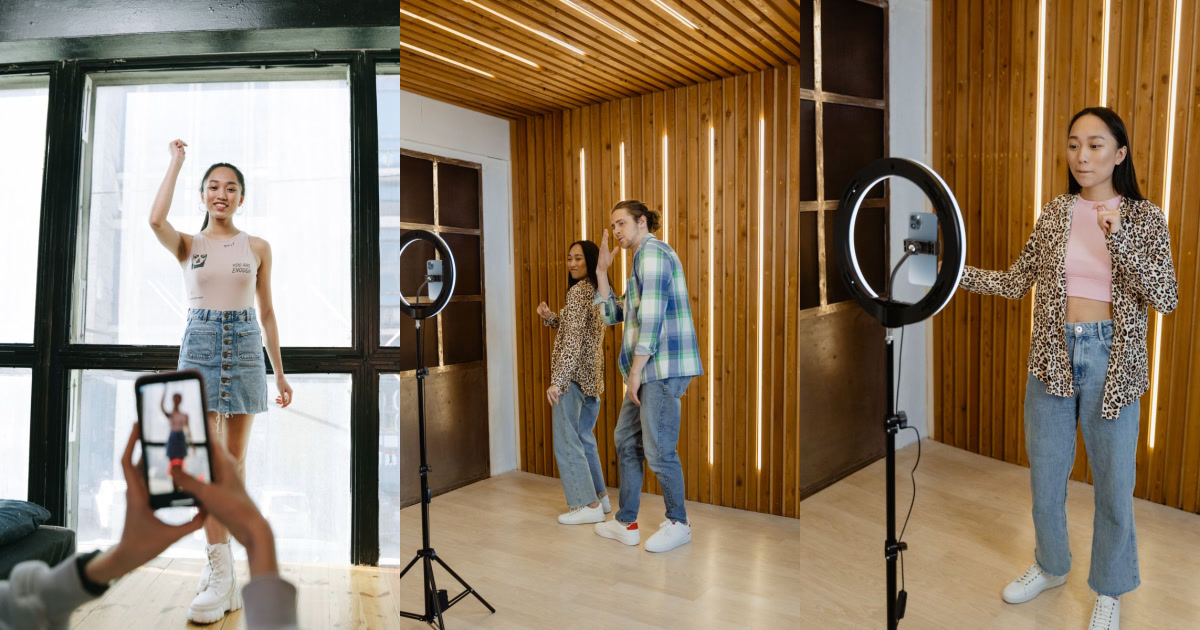 Three photos of people filming or posing for a phone mounted on a ring light, standing in front of large windows or a wooden slatted wall.