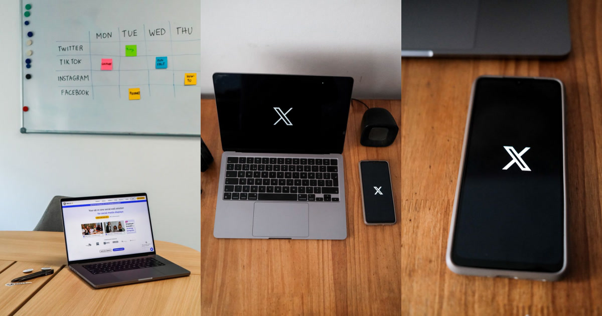 A whiteboard with a social media content calendar, a laptop displaying a website, and a laptop and smartphone both displaying the white X logo on a black screen are shown on wooden surfaces.
