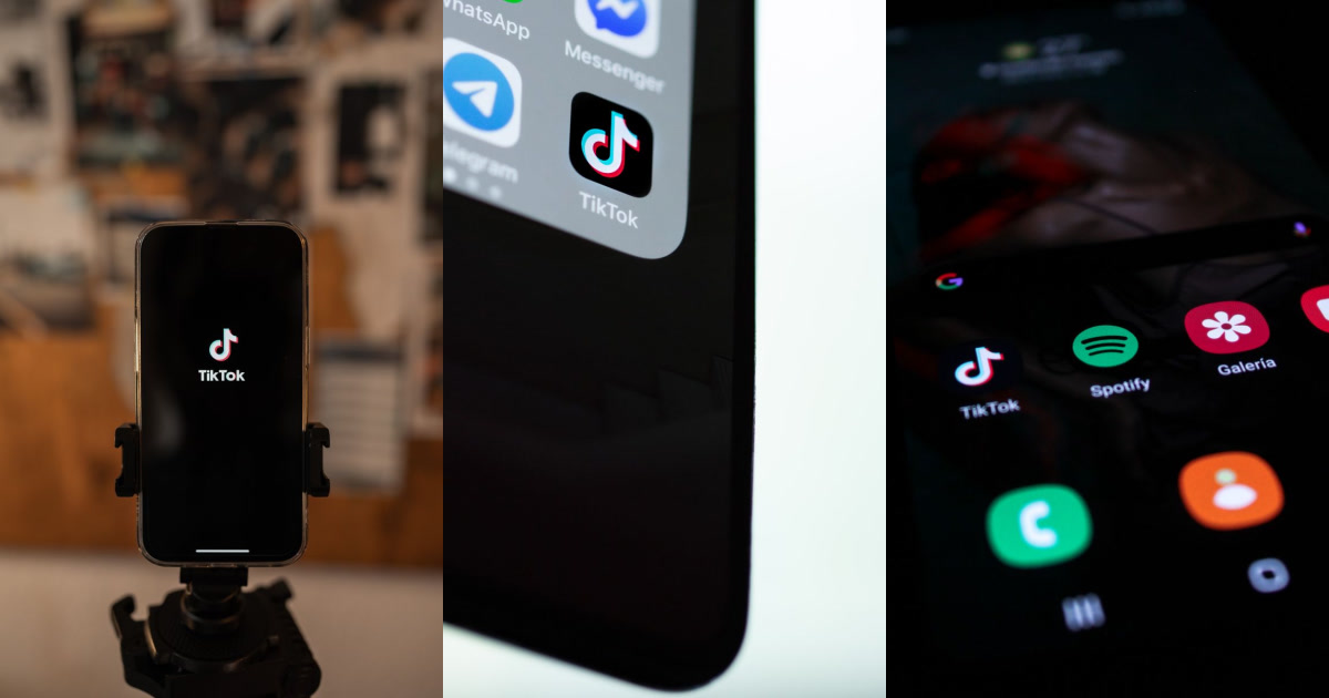 Three photos of smartphones displaying the TikTok logo and app icon.