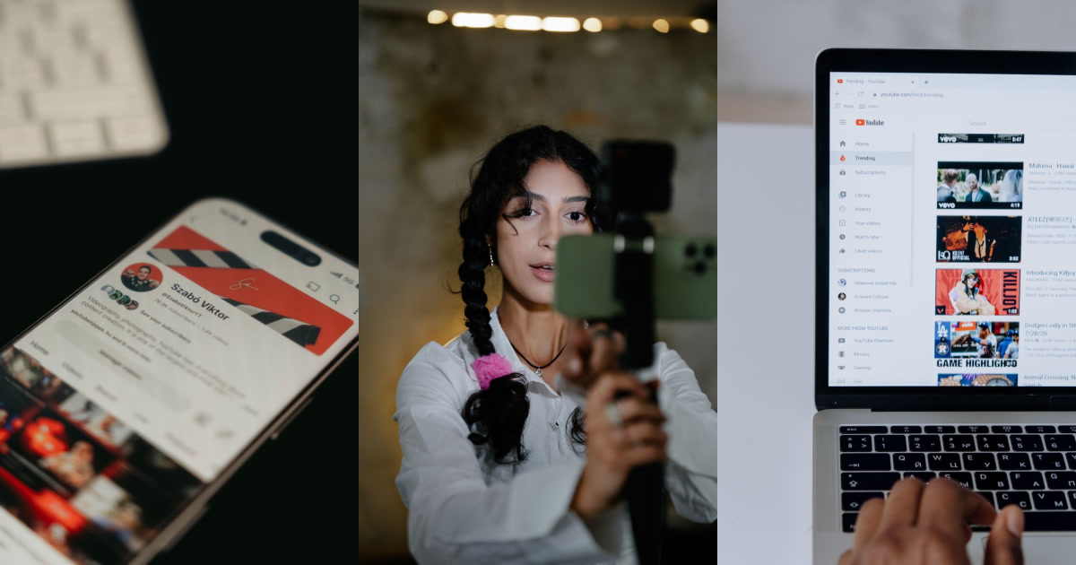 A mobile phone displaying a YouTube profile page, a person recording with a smartphone, and a laptop displaying the YouTube trending page.
