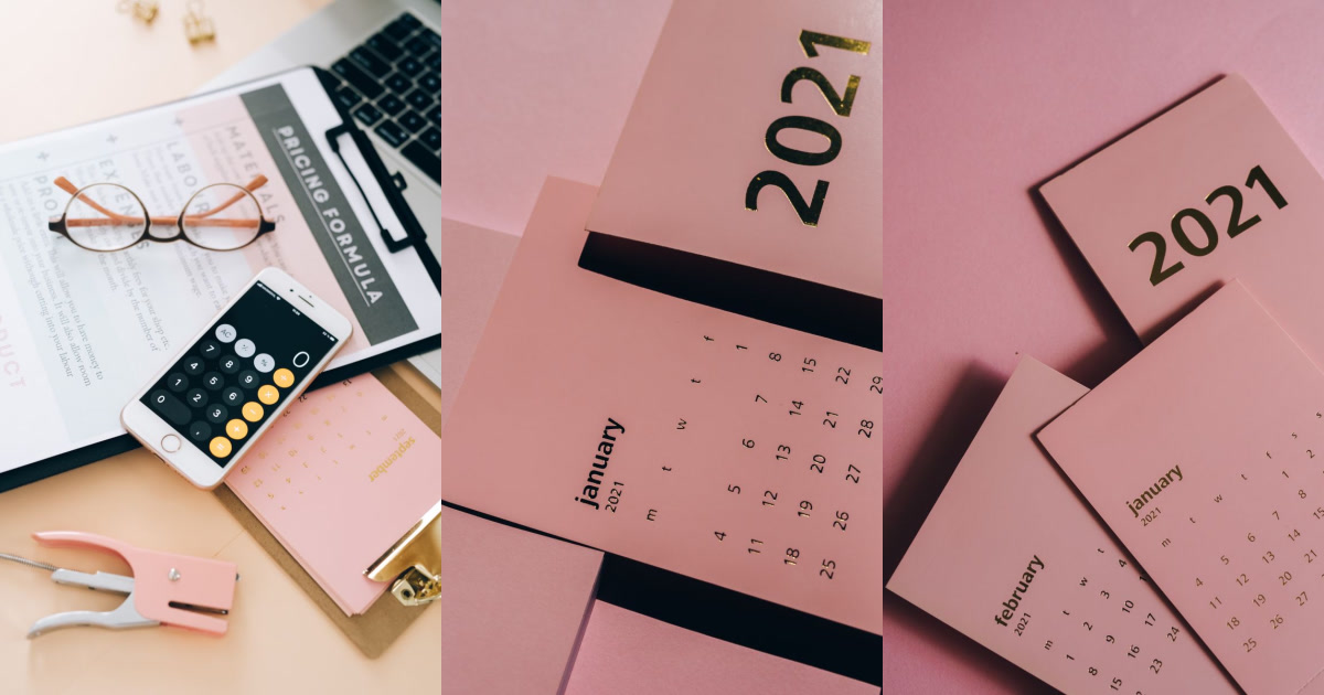 The images show a flat lay of business items, including a laptop, a pricing formula document, a smartphone calculator, glasses, a stapler, and pink 2021 calendars.