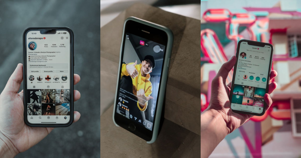 Three phones display Instagram profiles and a live stream.