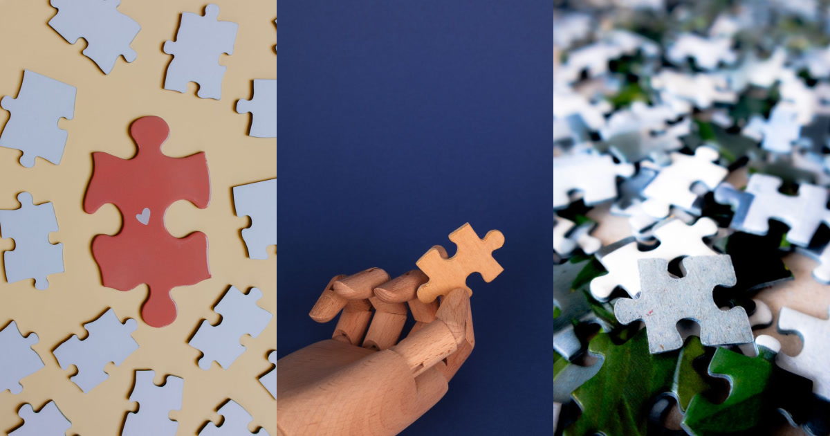 Three images showing various puzzle pieces.