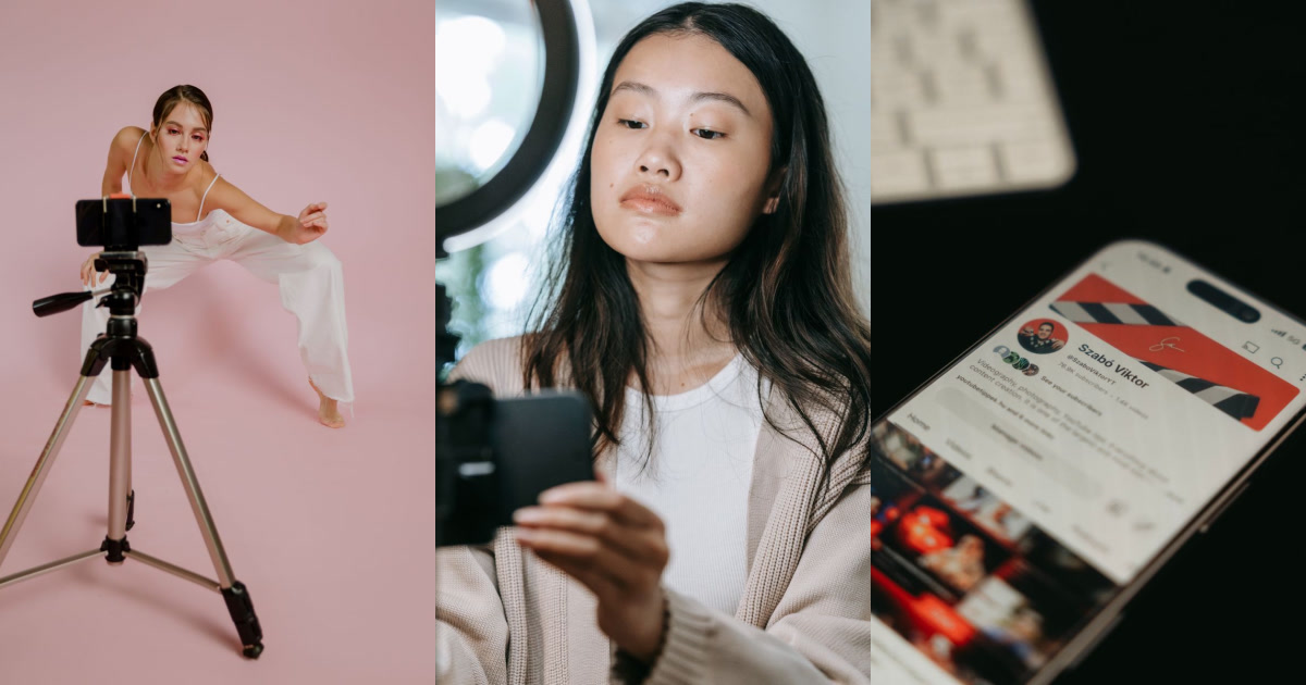 Three photos showing different aspects of social media creation, including a woman posing for a phone on a tripod, a woman looking at her phone near a ring light, and a close-up of a YouTube channel on a phone screen.