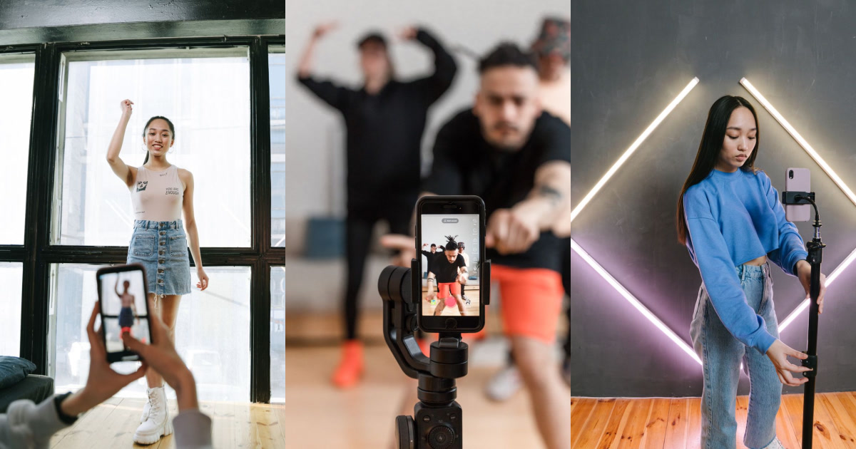 Three images showing people filming or posing for videos with smartphones, suggesting content creation.