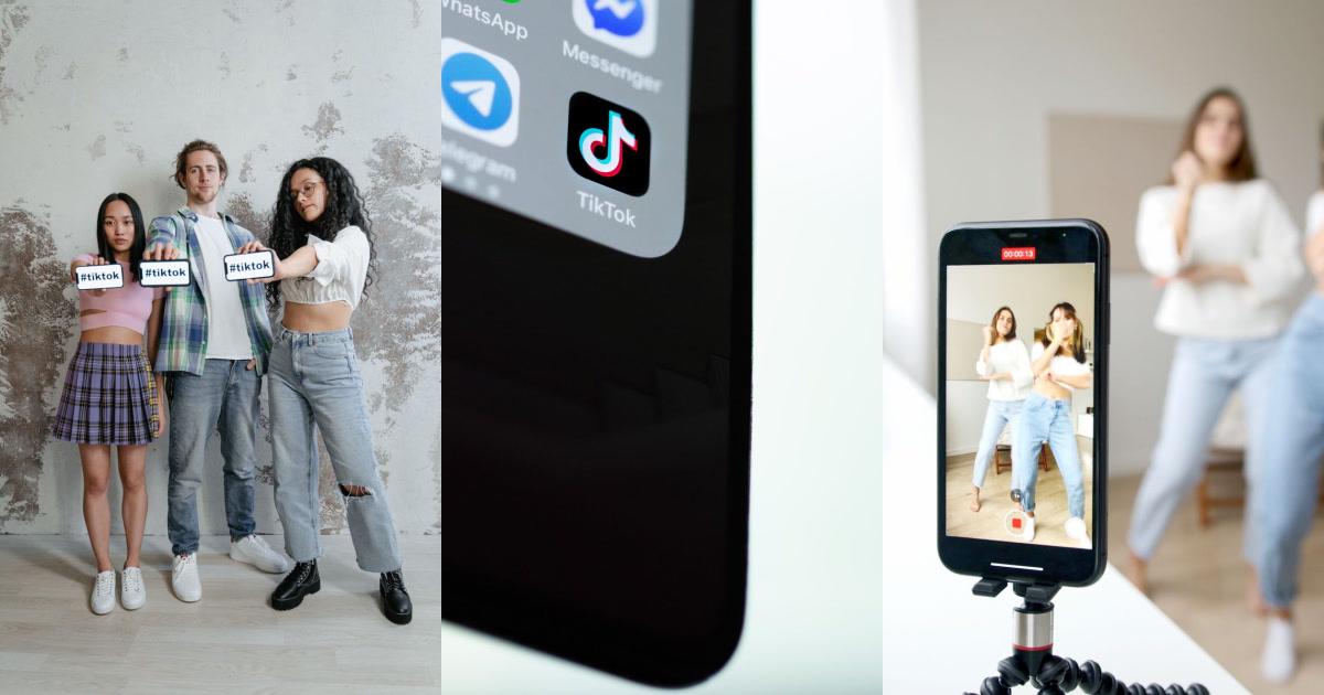 A diverse group of three young people hold phones displaying the TikTok hashtag, next to a close-up of a phone screen showing the TikTok app icon and another phone recording two young women dancing.