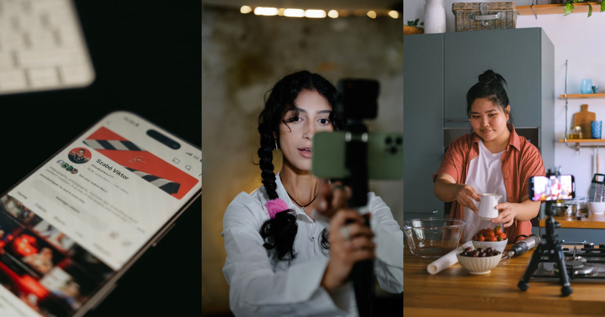 A smartphone displays a YouTube channel page, a woman holds a phone on a stick, and another woman records a cooking video with a phone on a tripod.