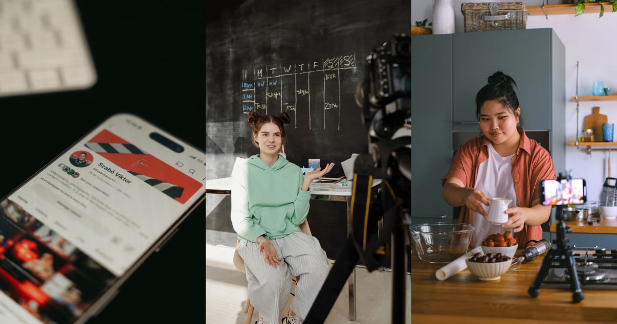 A smartphone displaying a YouTube profile, a young woman recording a video in front of a chalkboard schedule, and another young woman filming a cooking demonstration on her phone.