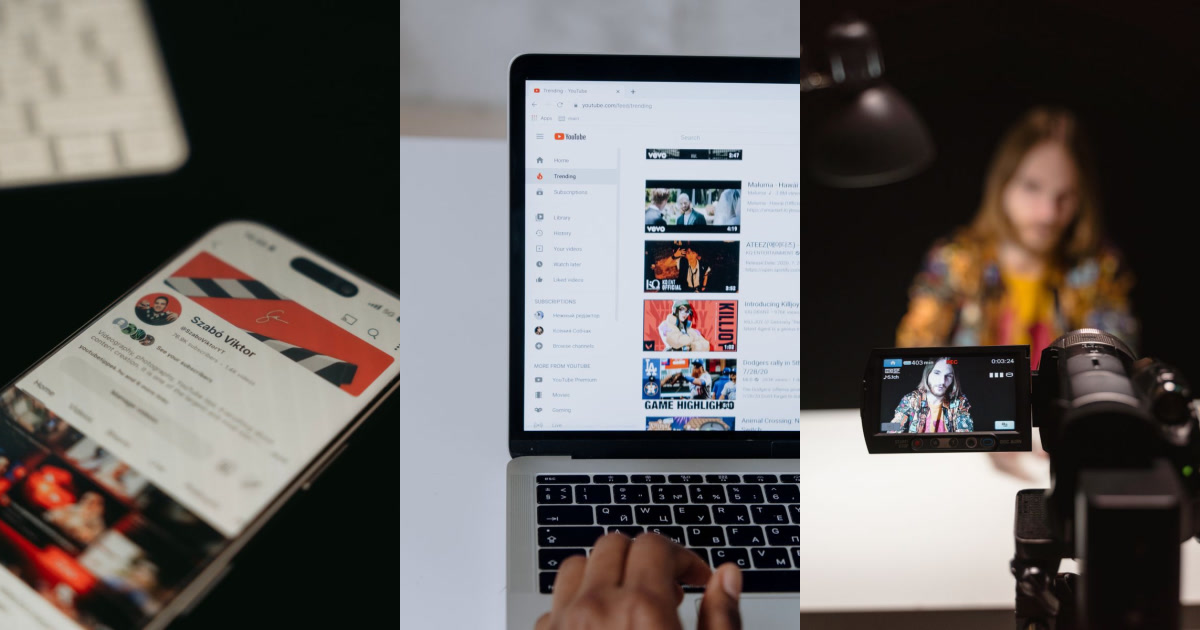 A person's hand typing on a laptop displaying the YouTube trending page, a phone displaying a YouTube channel, and a camera recording a man sitting at a desk.