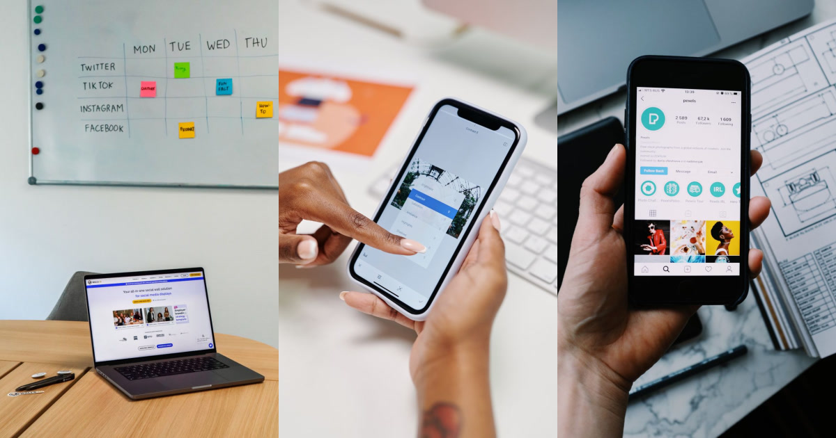 A social media scheduling whiteboard, a laptop displaying a website, a person editing a photo on a smartphone, and a person holding a smartphone showing an Instagram profile.