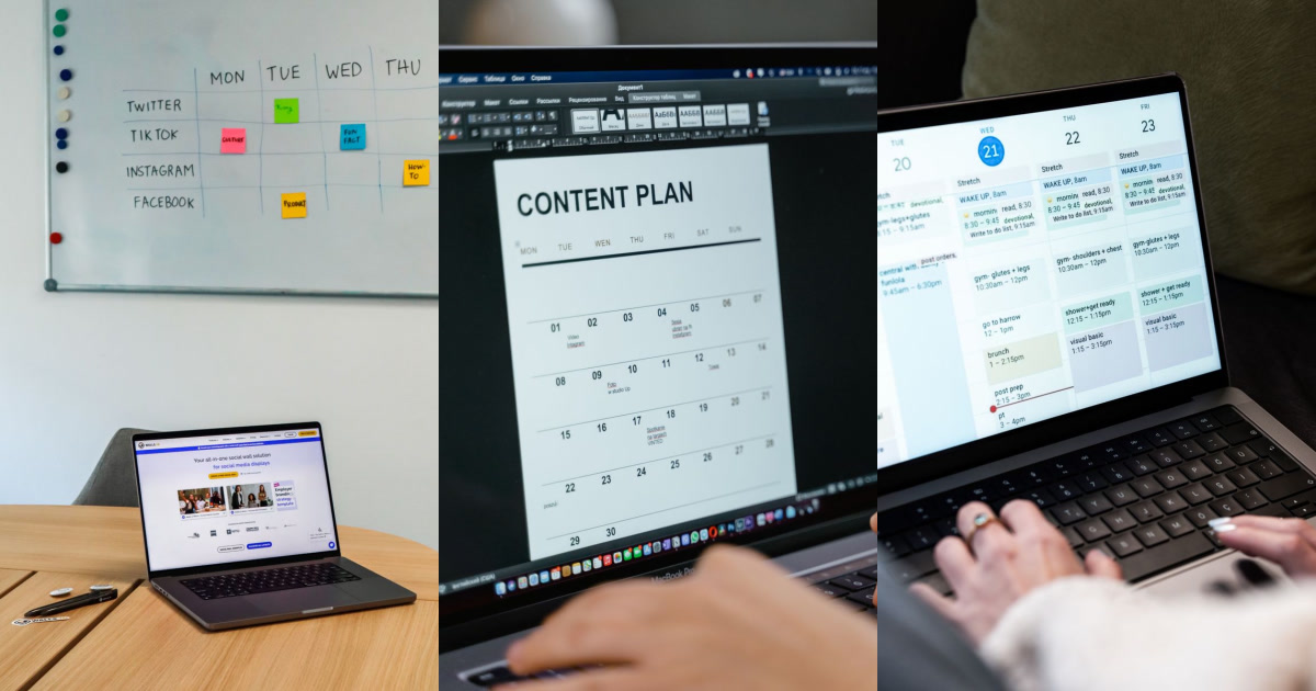 Three laptops displaying digital scheduling and social media content are placed on a wooden desk next to a whiteboard social media schedule.