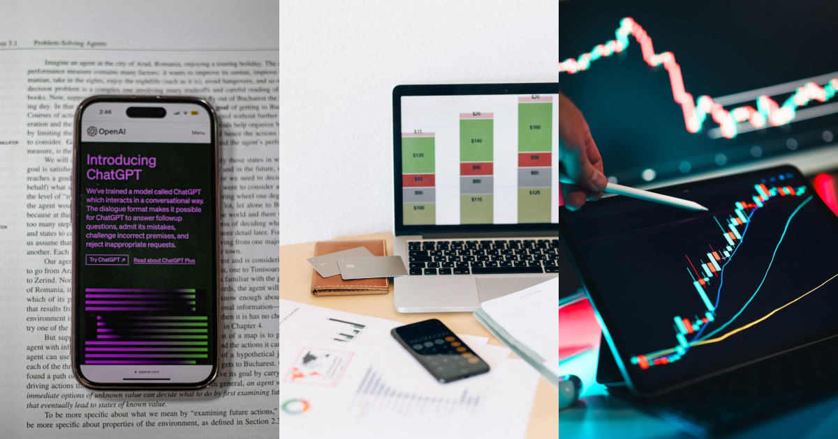 A mobile phone displaying ChatGPT is on a textbook, beside a laptop showing a graph, and a hand points a stylus at a tablet displaying a stock market chart.