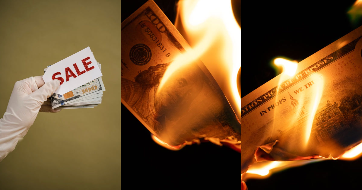 A gloved hand holds a stack of hundred-dollar bills with a "SALE" tag, followed by two separate images of burning hundred-dollar bills.