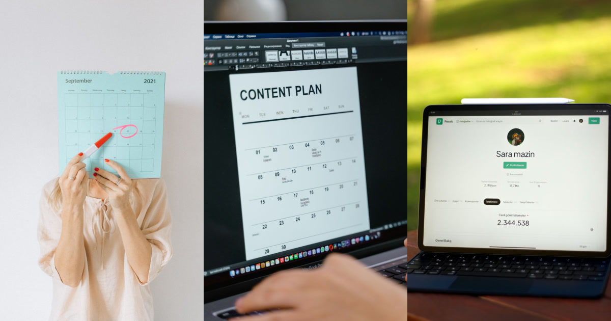 A person holding a calendar, a laptop displaying a content plan, and a tablet showing a Pexels profile.