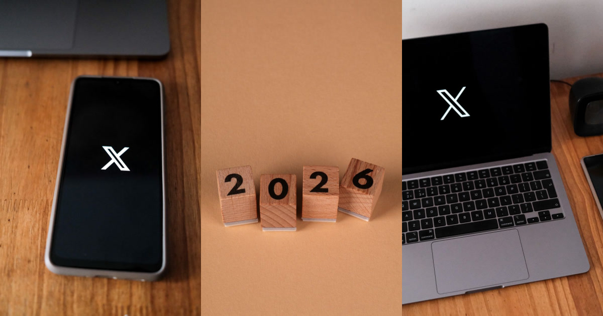 A mobile phone and a laptop displaying the white X logo are shown alongside wooden blocks spelling out 2026.