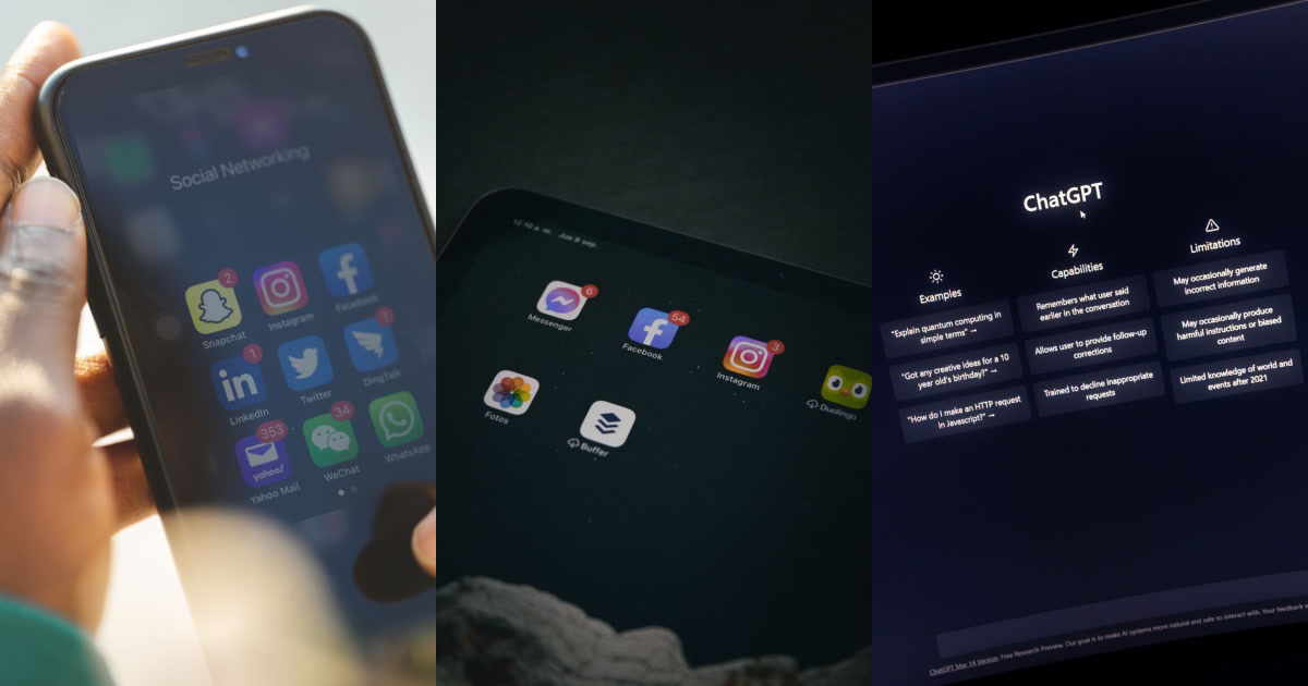 Three images side by side show screens displaying social media apps, a tablet with apps including Buffer, and the ChatGPT interface.