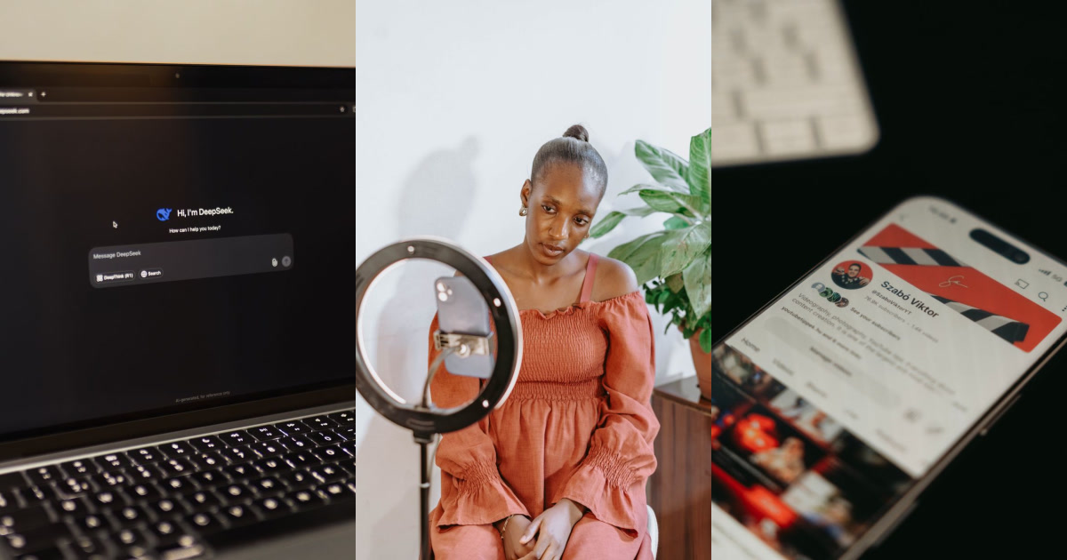 A laptop displaying an AI chat interface, a person in front of a ring light, and a smartphone showing a YouTube channel are placed side by side.