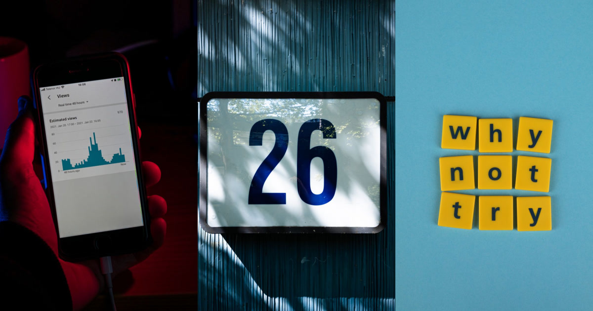 A hand holding a phone displaying a views graph, a house number 26, and yellow letter tiles spelling "why not try".