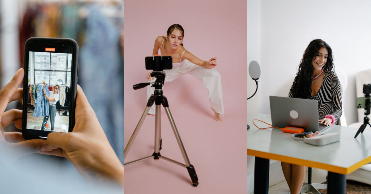 Three photos side by side show individuals engaged in creating content using smartphones, cameras, and laptops.