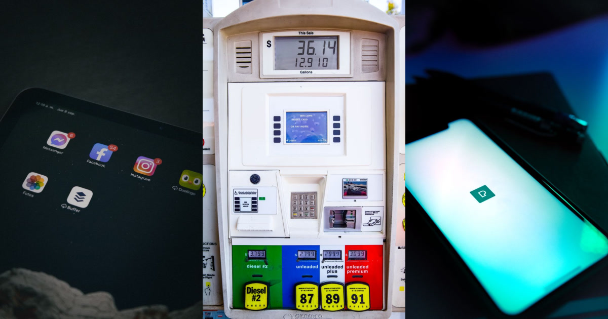 A smartphone screen displaying several app icons including Buffer, a gas pump with digital price displays, and another smartphone screen with a green app icon.