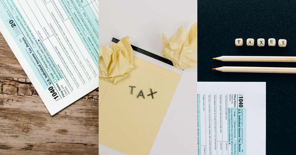 Three images show tax forms, crumpled paper, pencils, and the word TAX spelled out in various ways on different surfaces.