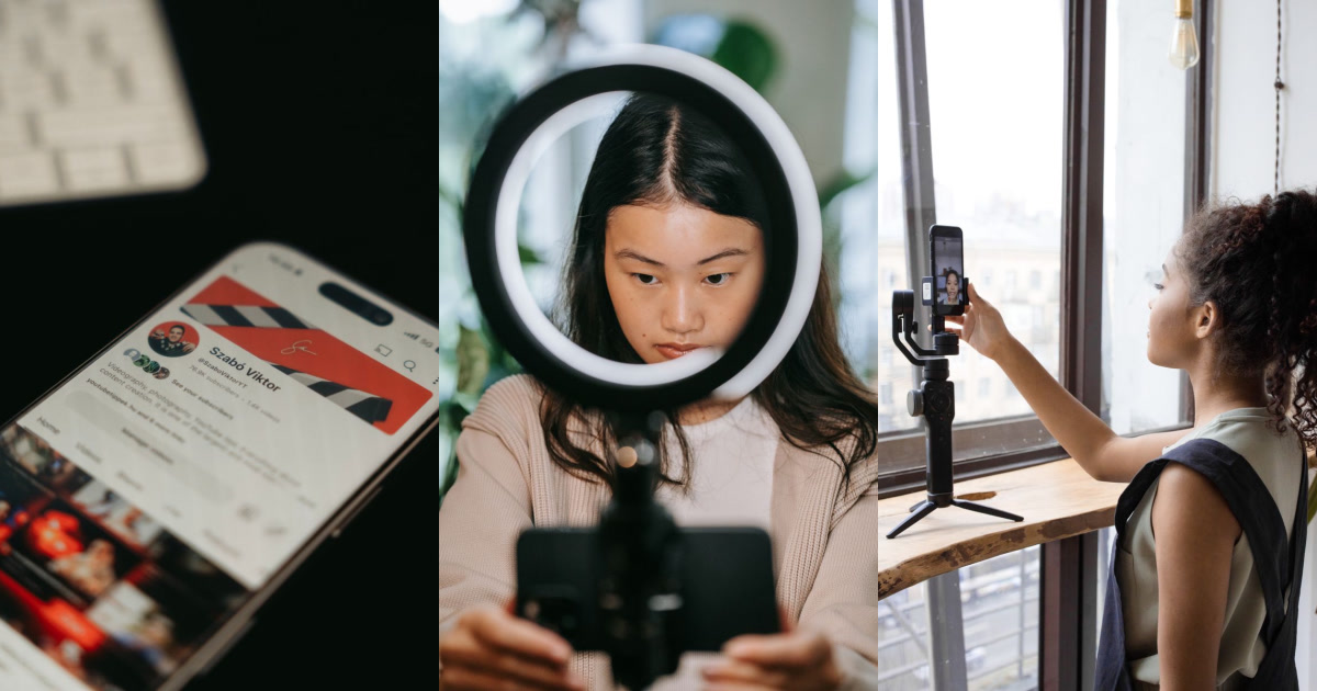 A phone displaying a YouTube channel, a woman filming herself with a ring light, and another woman filming with a phone on a tripod.