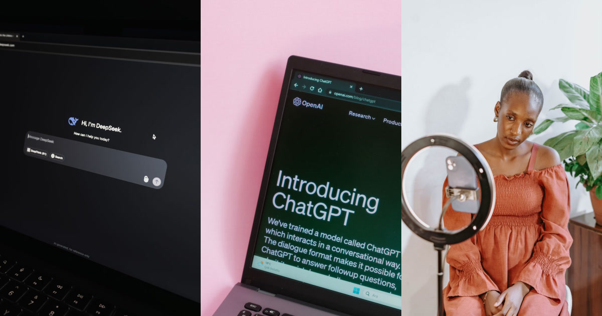 Two laptops display AI interfaces, DeepSeek and ChatGPT, beside a woman sitting in front of a ring light and plant.