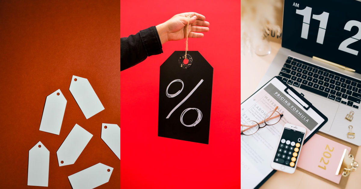 The first image shows blank white tags on a red background, the second shows a hand holding a black tag with a percentage symbol, and the third shows a laptop, clipboard with a pricing formula, and a phone with a calculator app.
