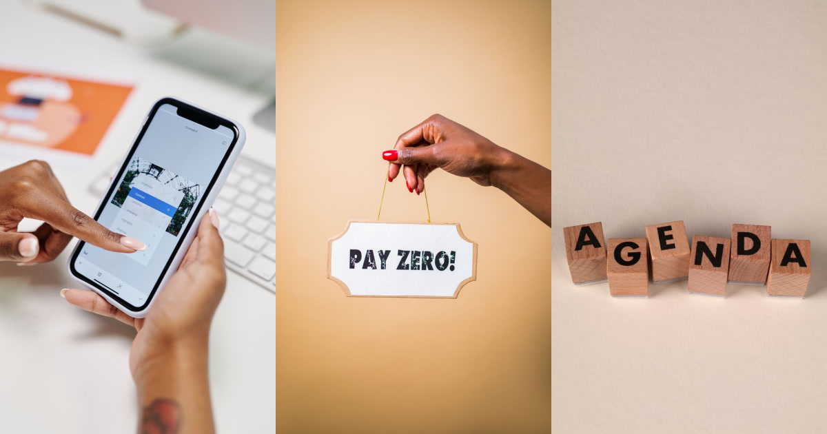 A person editing a photo on a smartphone, a hand holding a "PAY ZERO!" sign, and wooden blocks spelling "AGENDA" are shown.