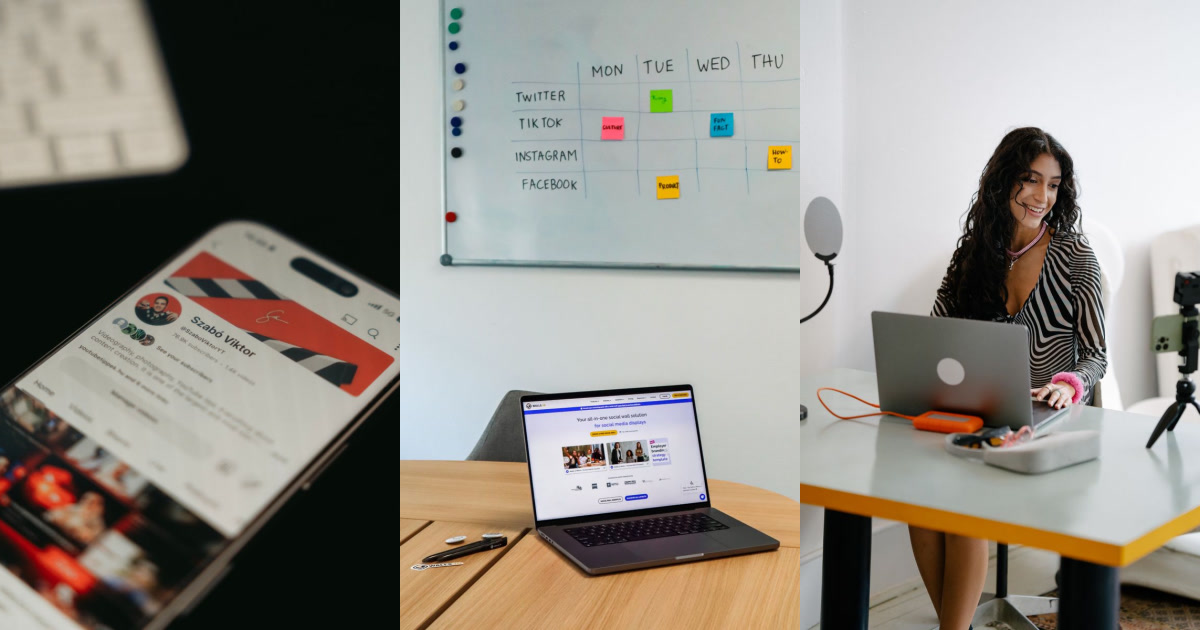 Three images show a phone displaying a YouTube profile, a laptop in front of a whiteboard with a social media schedule, and a woman working at a desk with a laptop and phone on a tripod.