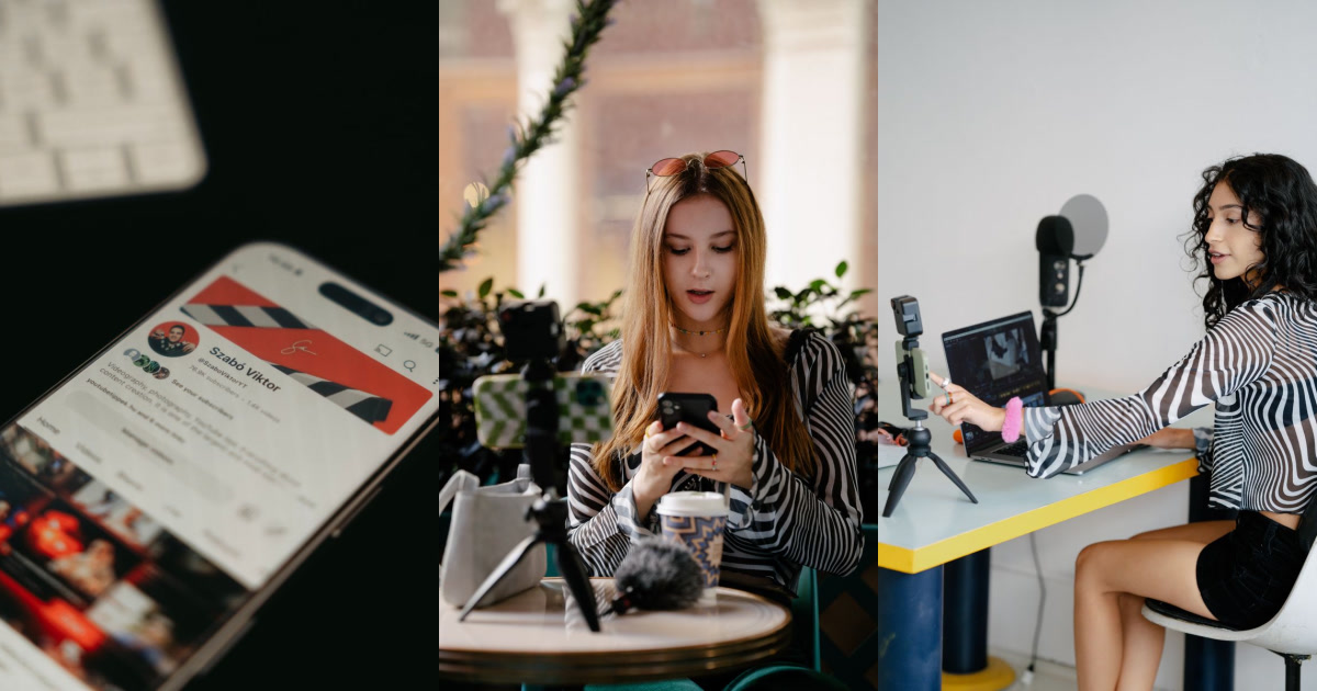 Three images show people creating digital content: a close-up of a YouTube profile on a phone, a woman filming herself with a phone while looking at another phone, and a woman sitting at a desk adjusting a phone on a tripod with a laptop and microphone visible.