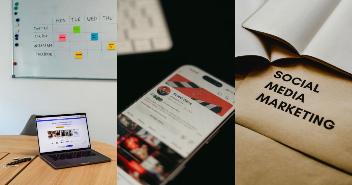 A social media scheduling whiteboard and laptop, a mobile phone displaying a YouTube channel, and a notebook with "Social Media Marketing" printed on a brown cover.