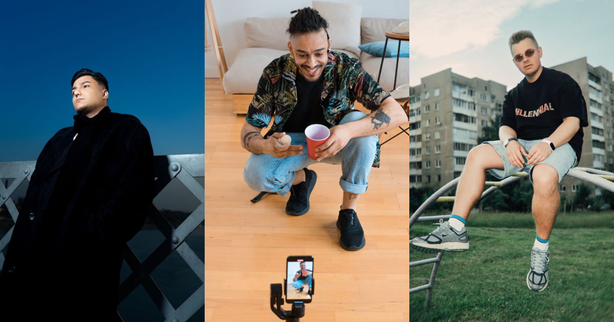 Three diverse individuals are pictured in various settings, with one facing a camera on a phone.