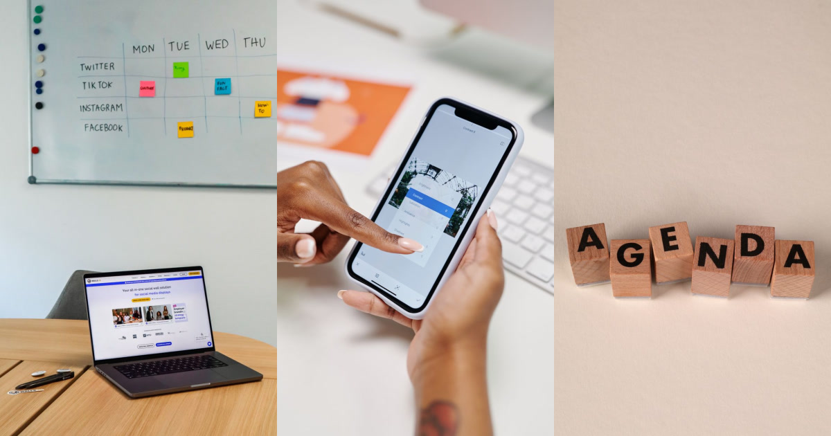 A whiteboard social media schedule, a laptop with a social media wall, hands editing a photo on a smartphone, and wooden blocks spelling "AGENDA".