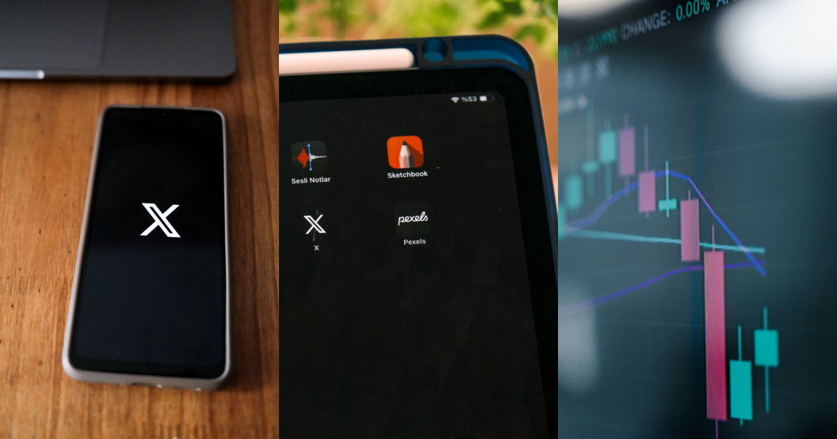 A phone displaying the X logo, a tablet showing various app icons including the X logo, and a screen displaying a financial candlestick chart.