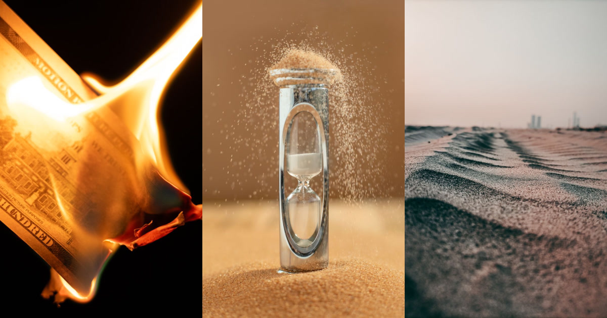 A burning dollar bill, an hourglass with sand spilling out, and rippled sand dunes with a distant city skyline.