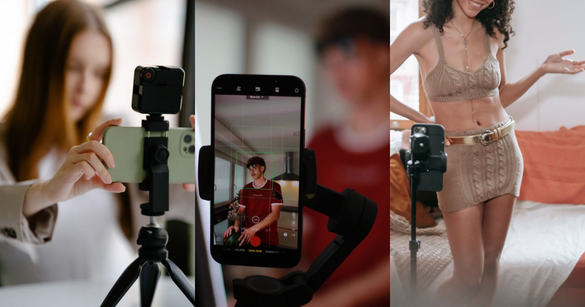 Three different people are shown filming themselves with smartphones mounted on tripods or gimbals.