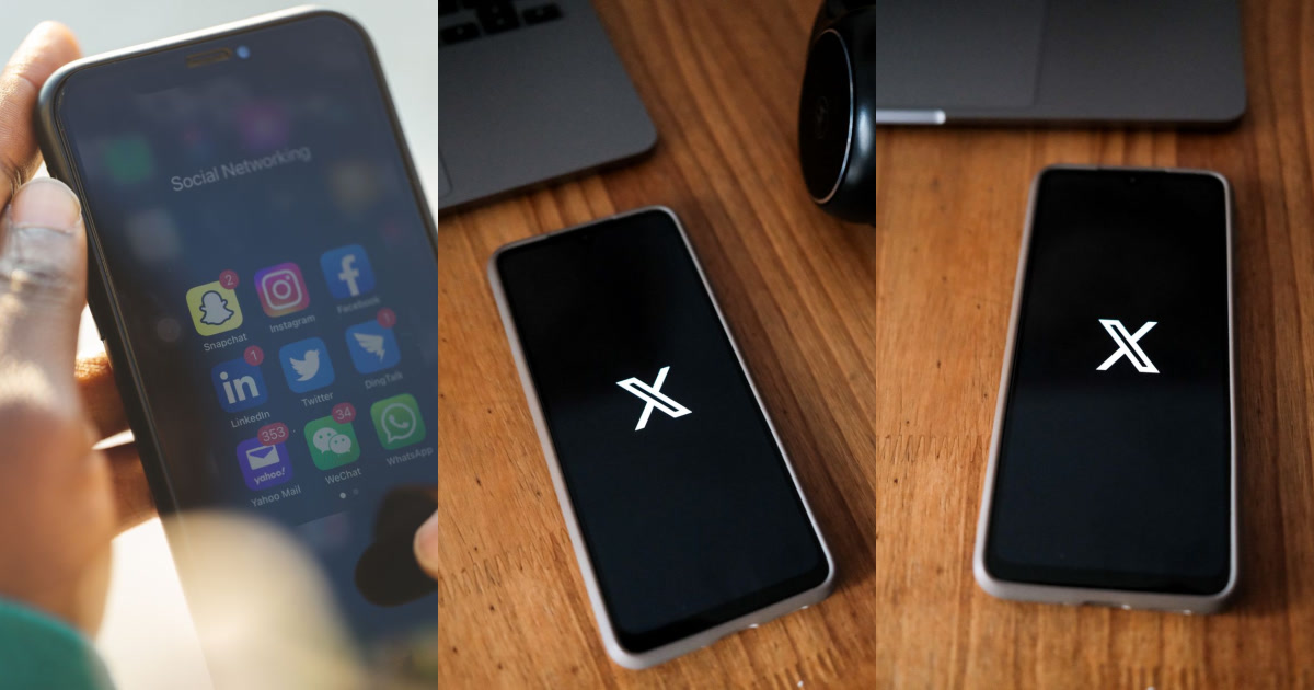 A person holds a phone displaying social media app icons, and two other phones show the white X logo on a black screen.